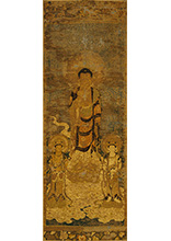 刺繡 釈迦三尊来迎図　鎌倉～南北朝時代 14世紀　真正極楽寺 真如堂　画像提供：奈良国立博物館